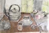 Duck and Teapot collage by judith cockram, Painting, Mixed Media on paper